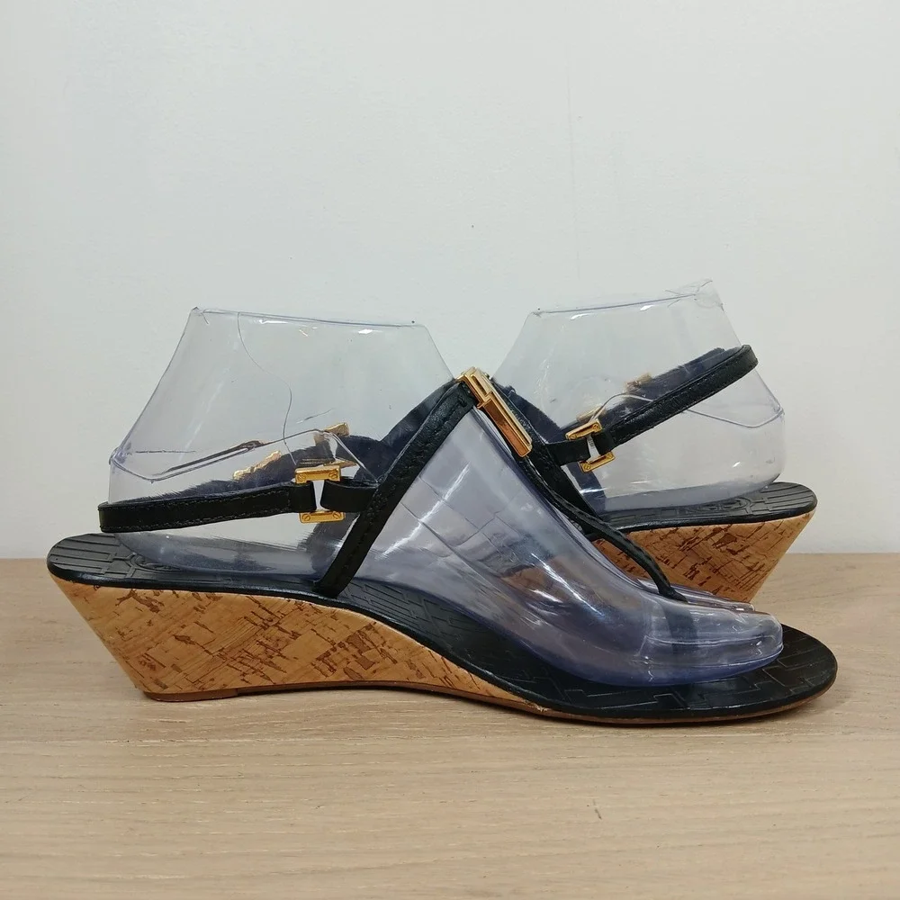 Tory Burch Sandals Women's 8.5 Black Leather Wedge Cork T Strap Thong Summer